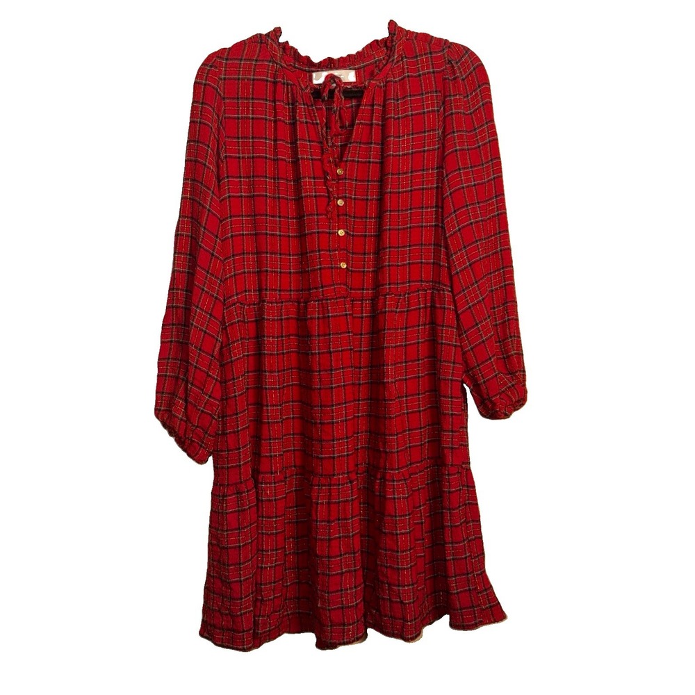 LOFT Red Gold Plaid Long sleeve Tiered Tunic Dress Large